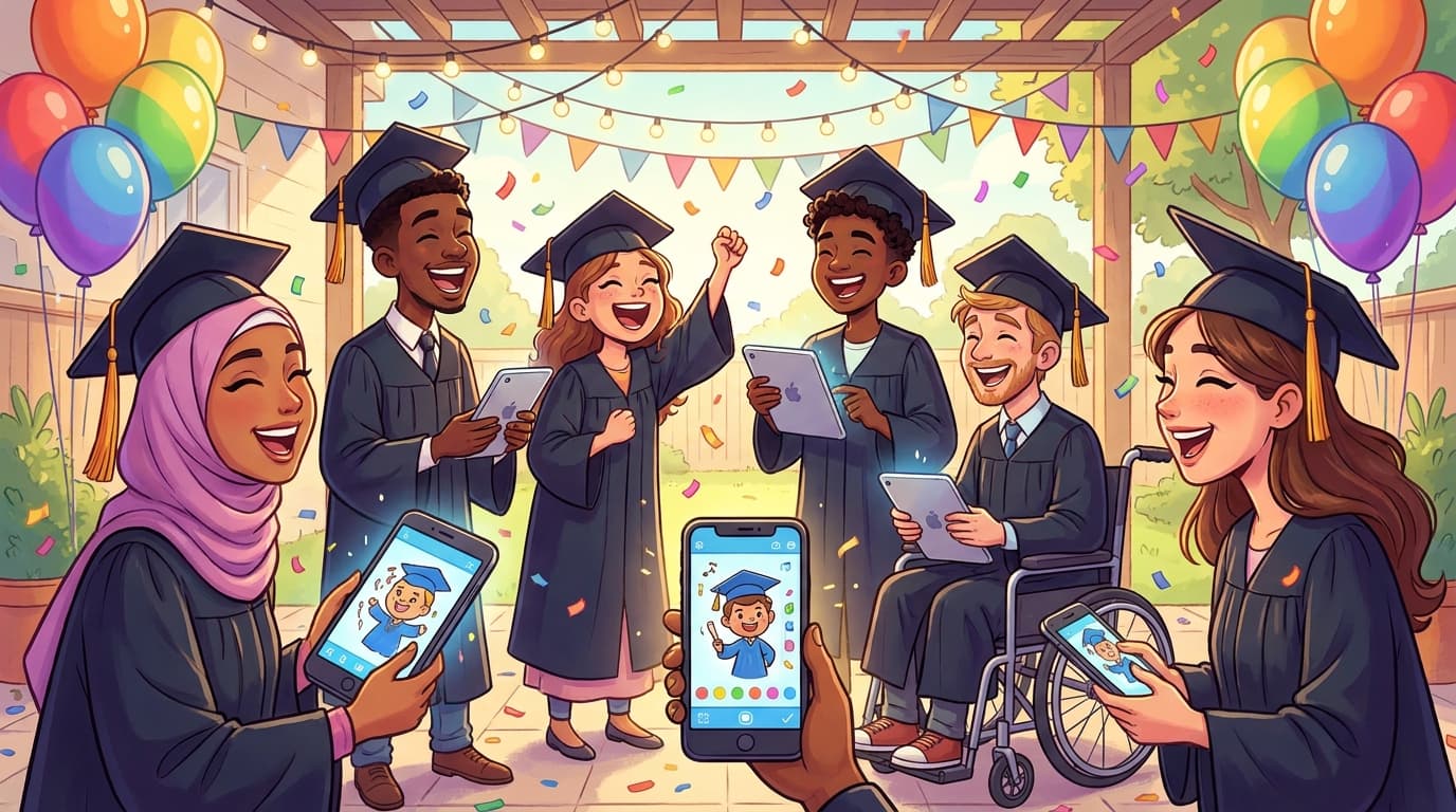 Diverse group of college graduates celebrating with drawing games on phones and tablets, graduation party fun with friends