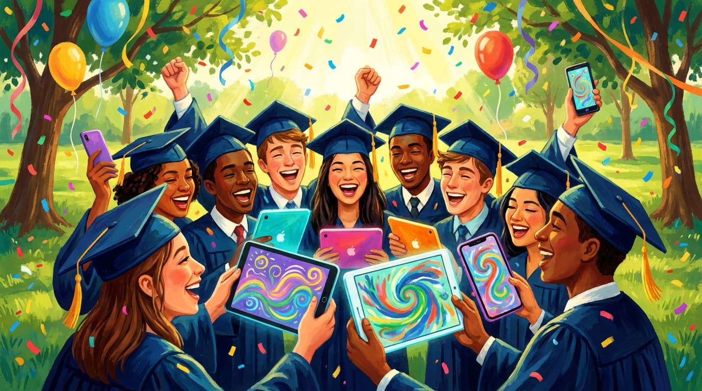 Diverse graduates celebrating together, drawing on tablets during graduation party game, colorful illustration style, joyful celebration atmosphere