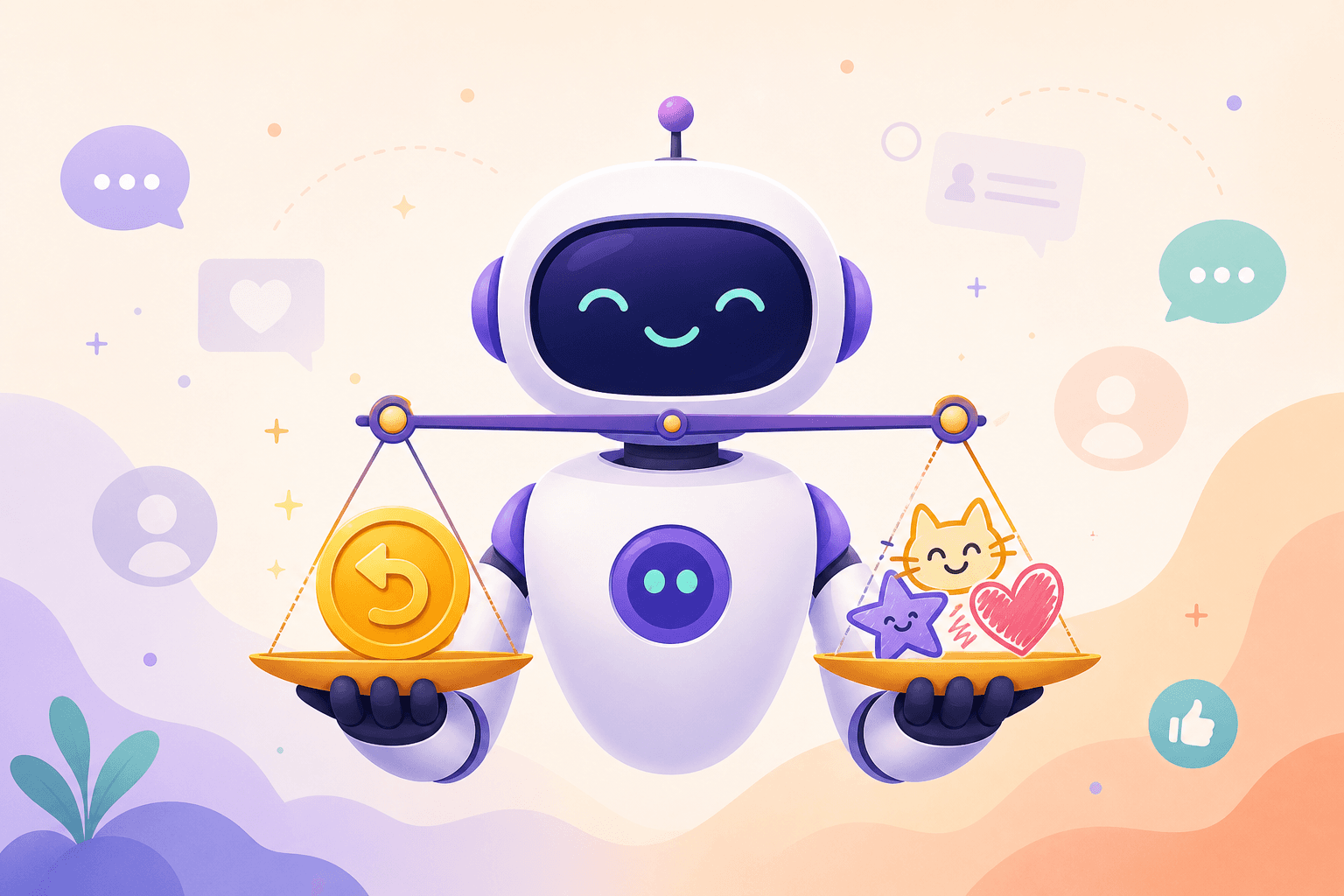 A friendly AI assistant character holding a balance scale weighing a refund coin against a stack of colorful drawings