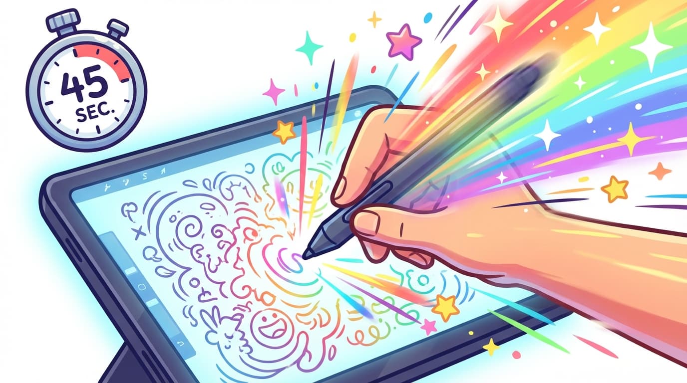 Dynamic illustration of a hand rapidly sketching on a digital tablet with motion blur and speed lines, showing fast drawing techniques