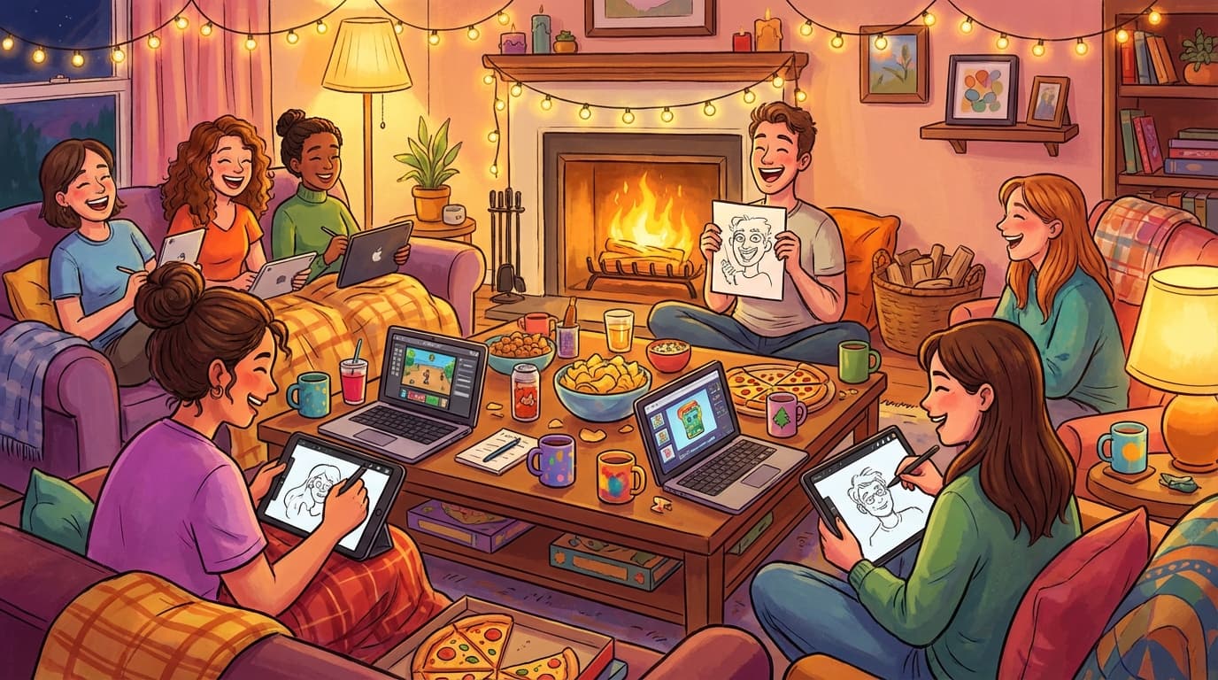 Friends gathered in a cozy living room for game night, playing Doodle Duel on laptops and tablets with snacks and drinks