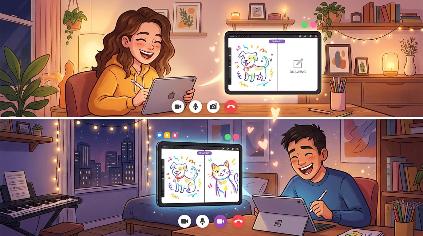 Long distance couple on video call playing drawing game together, both holding tablets smiling laughing, colorful vibrant animation style, warm romantic mood with subtle heart elements, wide 16:9 aspect ratio, modern clean design, no text, joyful connection