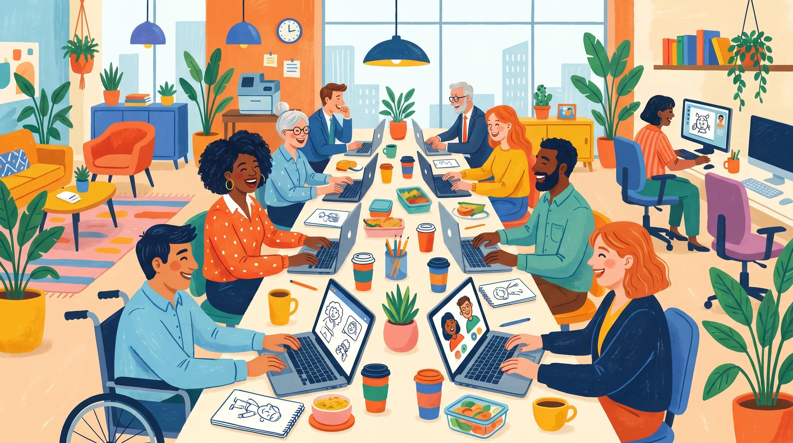 Diverse office workers laughing and playing drawing games together on laptops during lunch break at desk with coffee cups