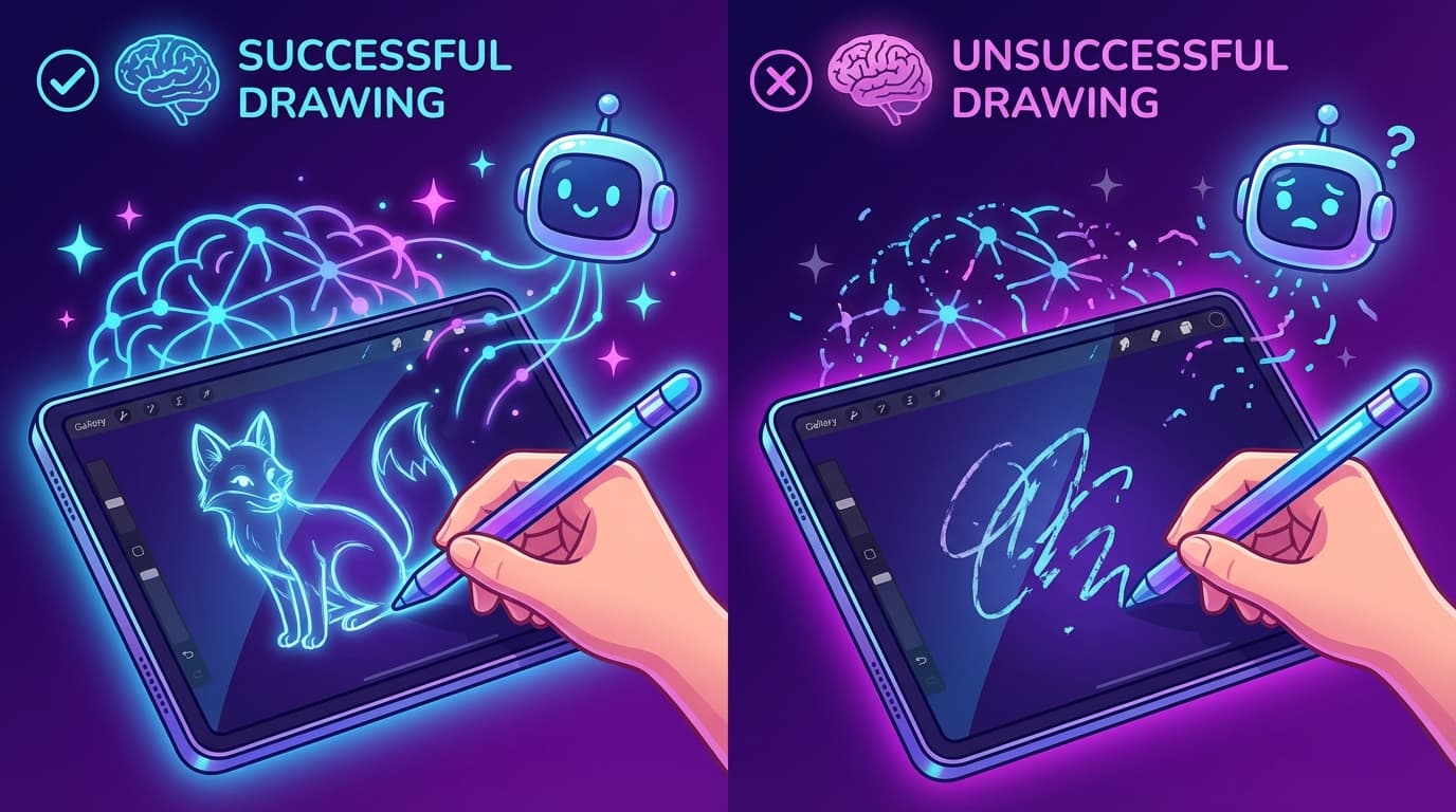 Split-screen illustration showing successful versus unsuccessful drawing techniques with AI neural network patterns analyzing artwork