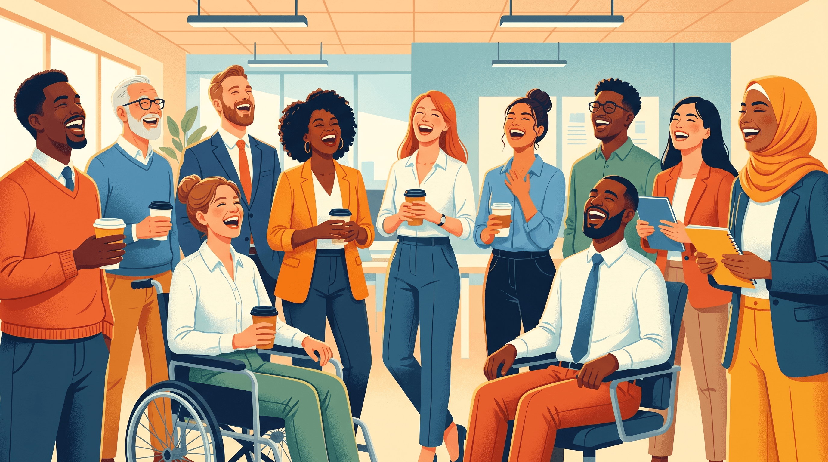 Diverse team laughing and energized during Monday morning team game activity in office setting