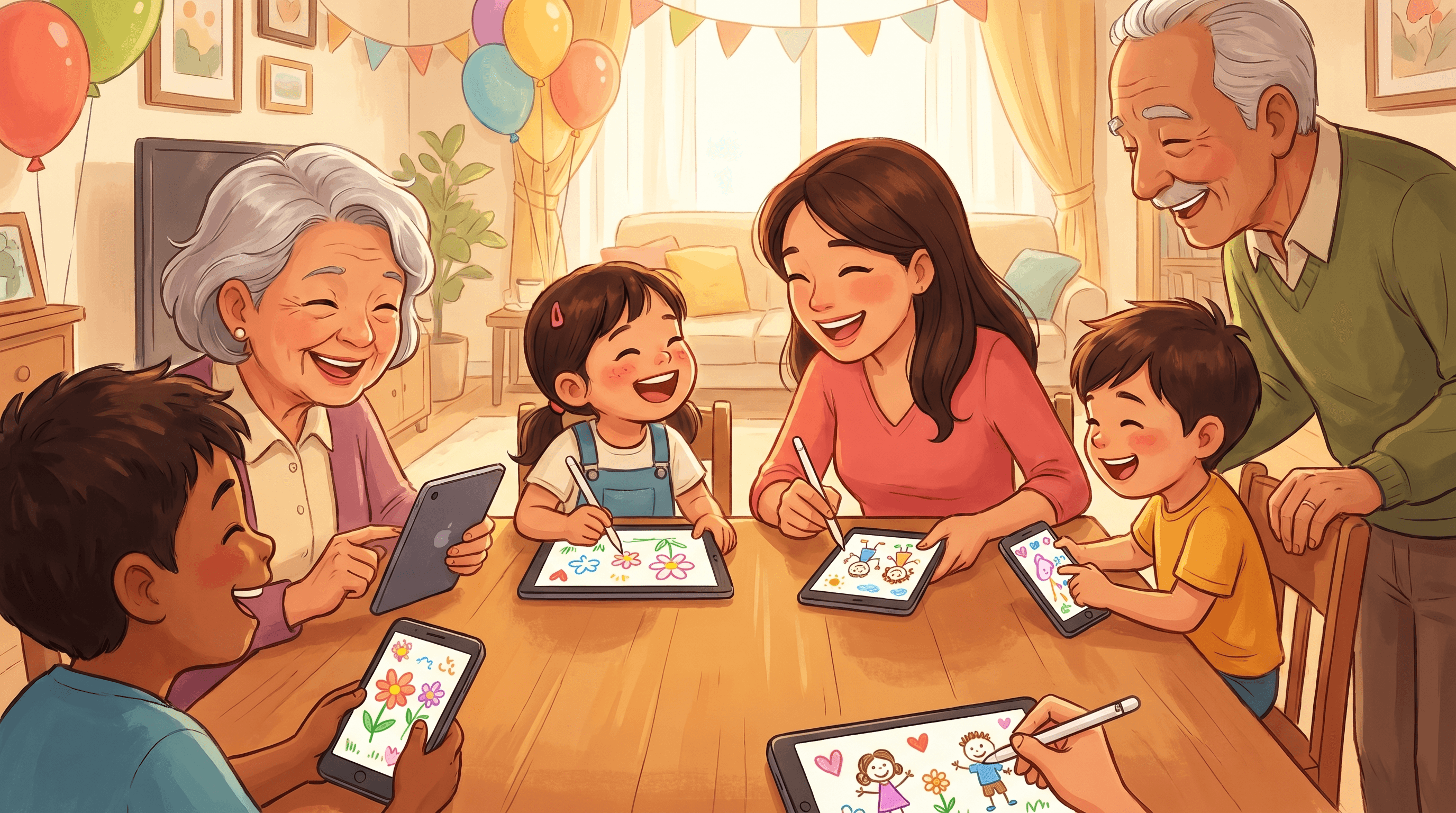 Multi-generational family laughing together playing Mother's Day drawing games on phones and tablets, mother and children smiling while drawing, colorful sketches on screens, warm family celebration mood, illustration style, no text
