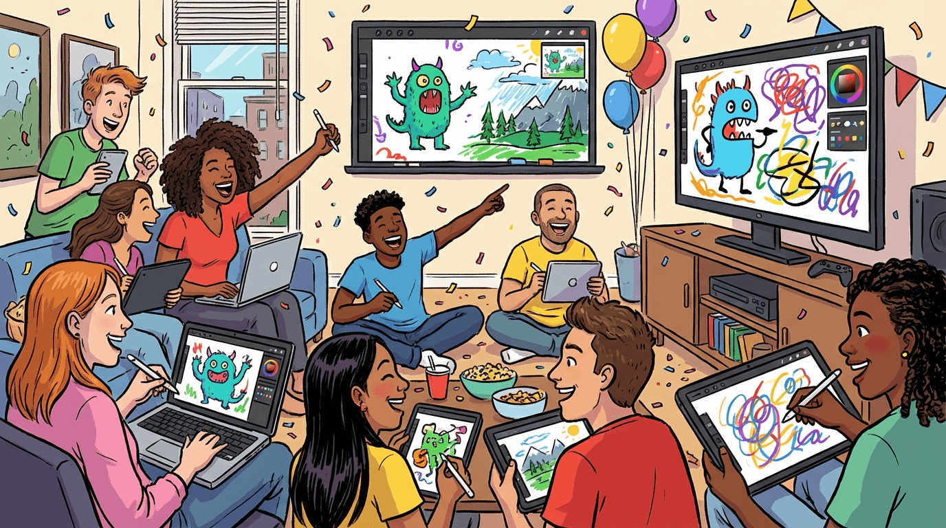 Large group of friends playing multiplayer drawing games together on various devices, lively party atmosphere, colorful screens and laughter, wide 16:9 aspect ratio, no text