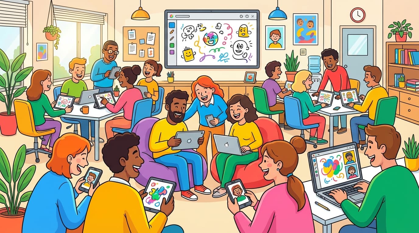 Diverse coworkers playing drawing games together on phones and laptops in modern office, large team having fun during team building activity