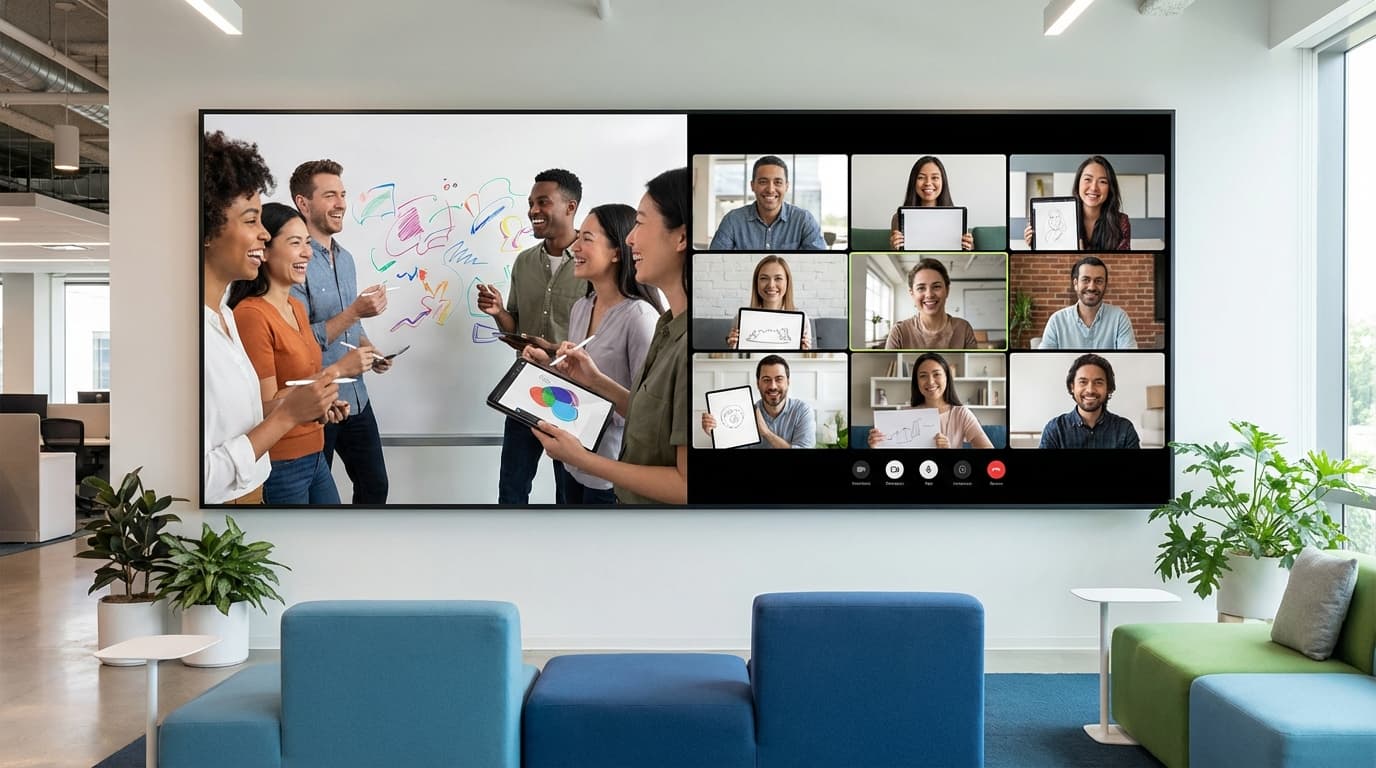 Diverse office team playing team building games together with remote coworkers on video call