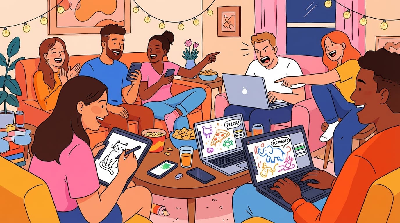 People playing online pictionary game on phones and laptops with colorful drawings and guesses visible