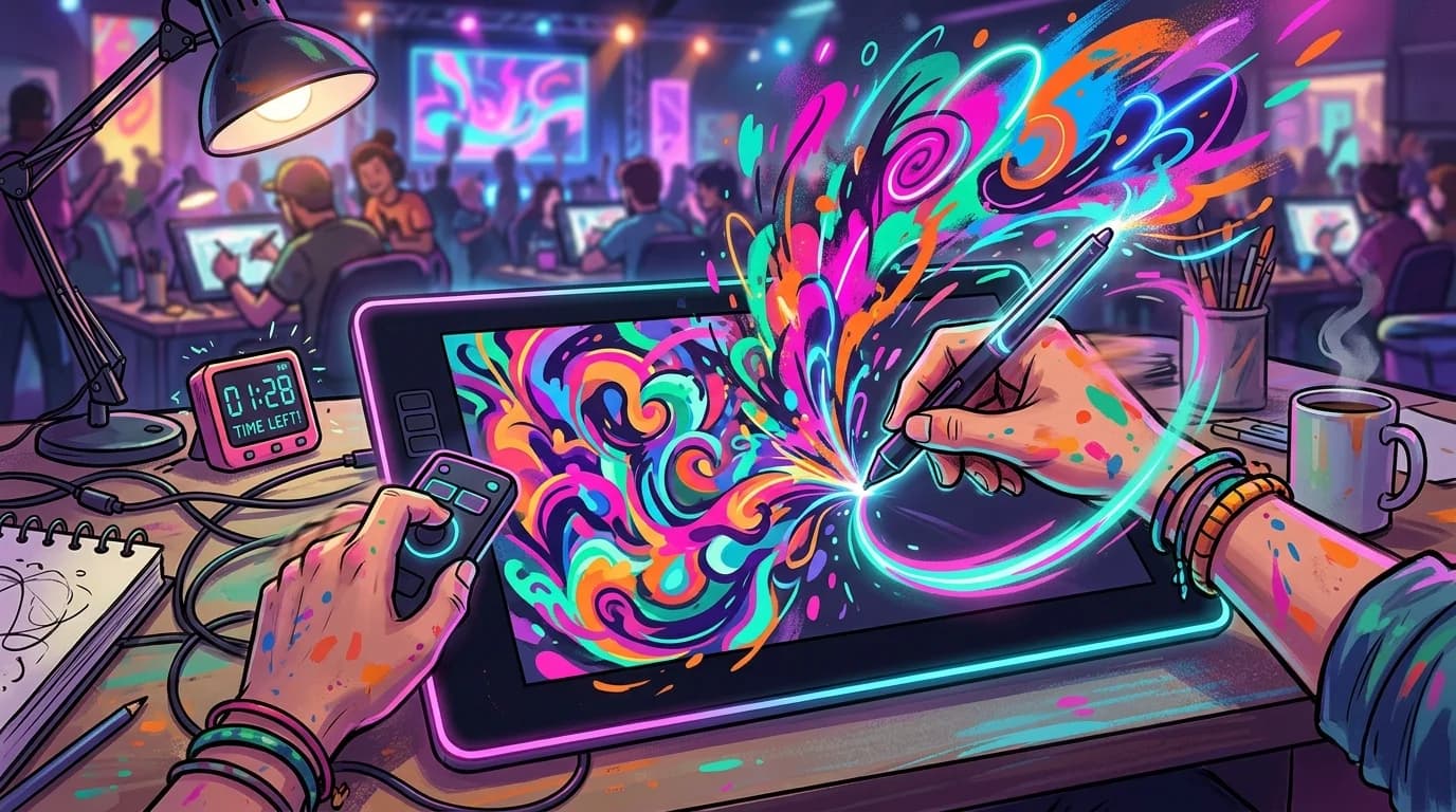 Artist hands drawing rapidly on digital tablet during timed challenge, colorful abstract artwork emerging from pen, energetic creative flow, vibrant neon colors, dynamic motion