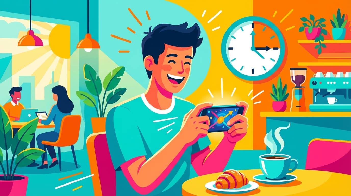 Person taking a quick gaming break on their phone, short 2-5 minute game session, perfect for work breaks and coffee time