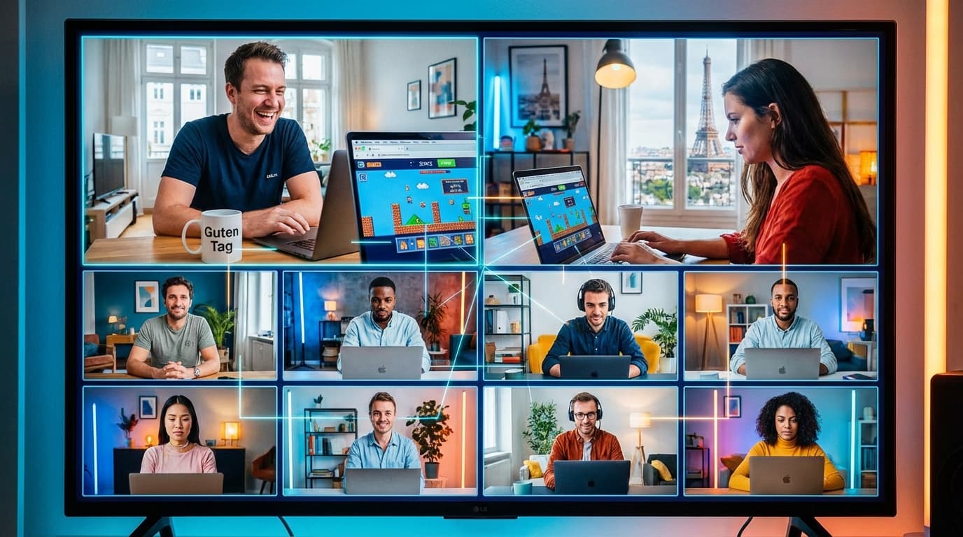 Remote workers playing teams games for remote workers on Microsoft Teams video calls across Europe