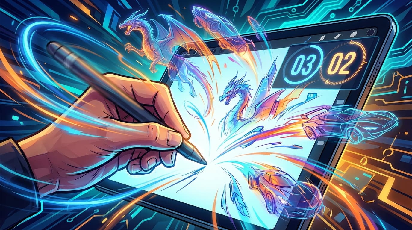 Dynamic illustration of a hand speed drawing on a tablet with motion lines, countdown timer, and colorful sketches showing intense competitive drawing action
