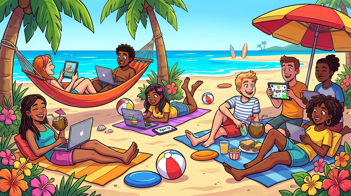 Students playing spring break games on laptops and tablets at the beach with palm trees