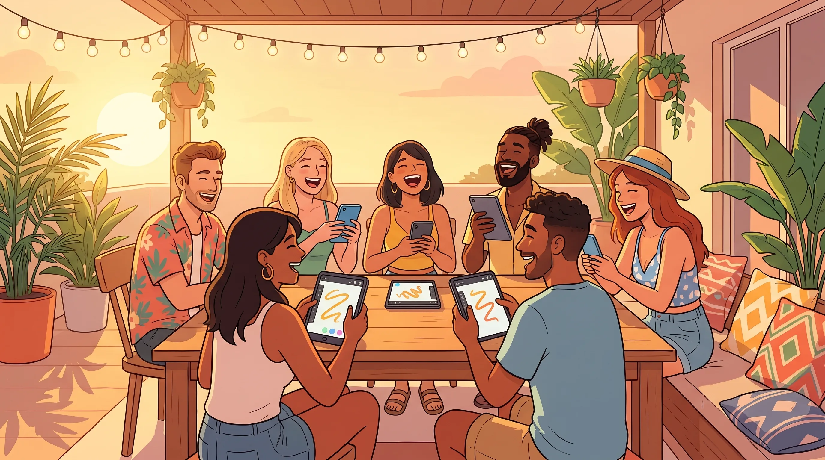 Group of friends laughing together on patio playing drawing game on phones and tablets during summer evening party