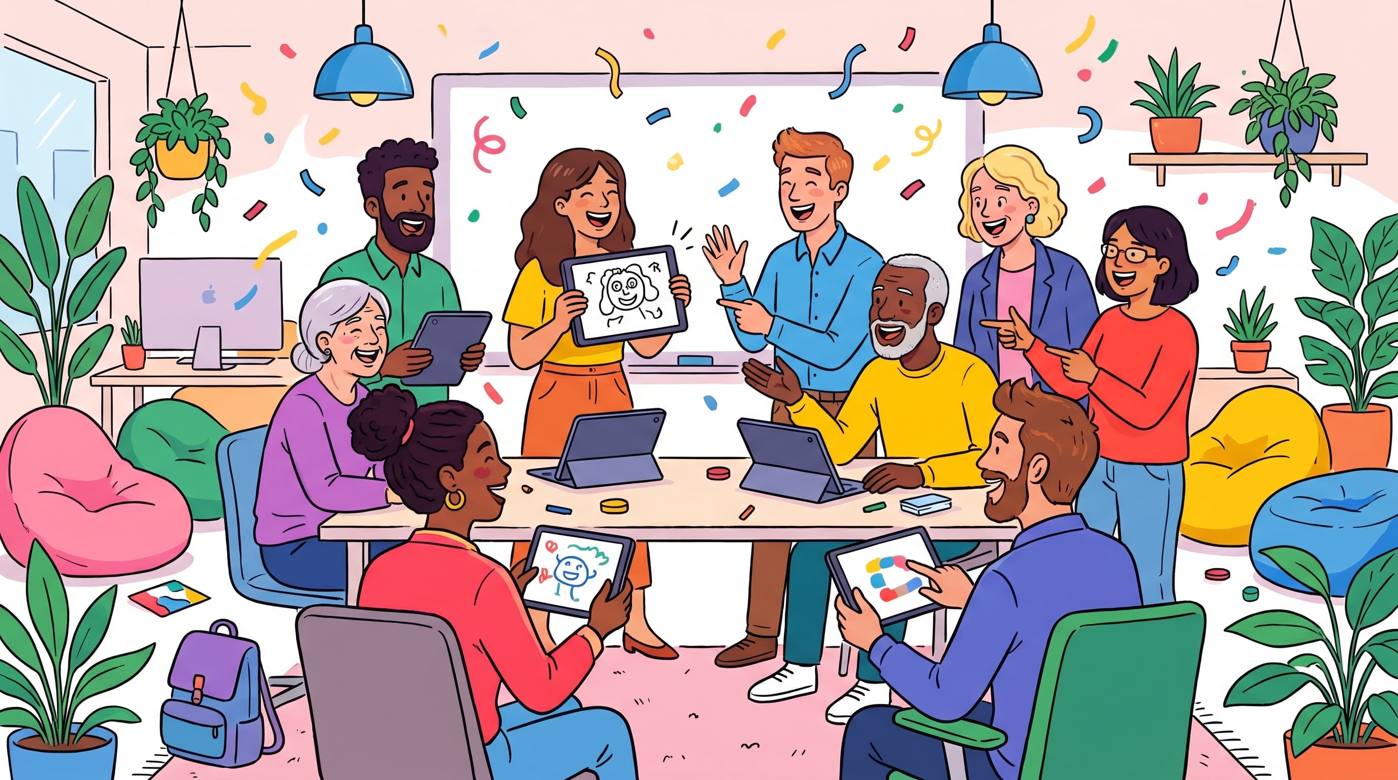 Diverse office team laughing together during a team bonding game session, playing games at work