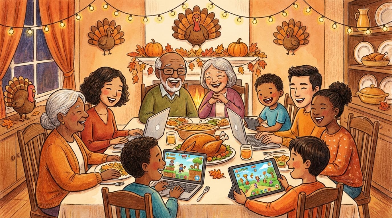 Diverse family playing thanksgiving games together on laptops and tablets with autumn decorations