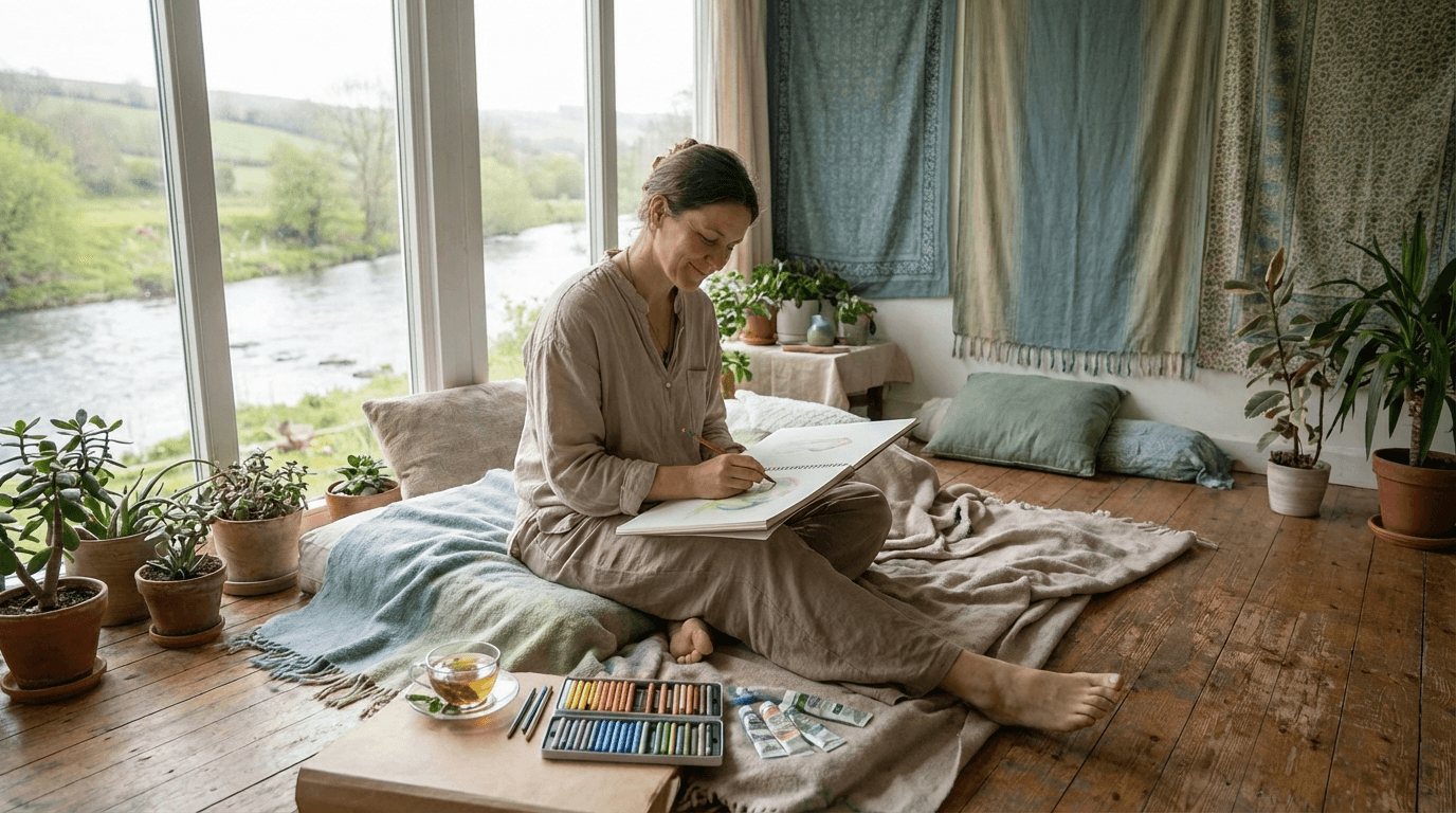 Peaceful person drawing for relaxation and wellness, calming art therapy scene, mindful creative expression, soft soothing colors, meditation through art, wide 16:9 aspect ratio, no text