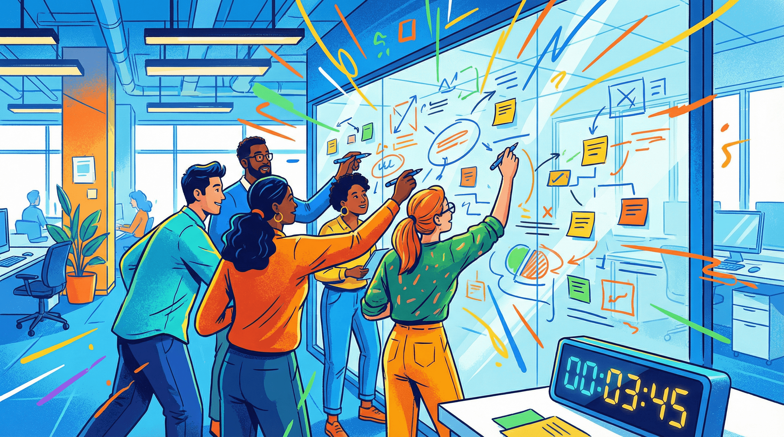 Professional creative team rapid sketching and brainstorming during timed drawing session with vibrant energy