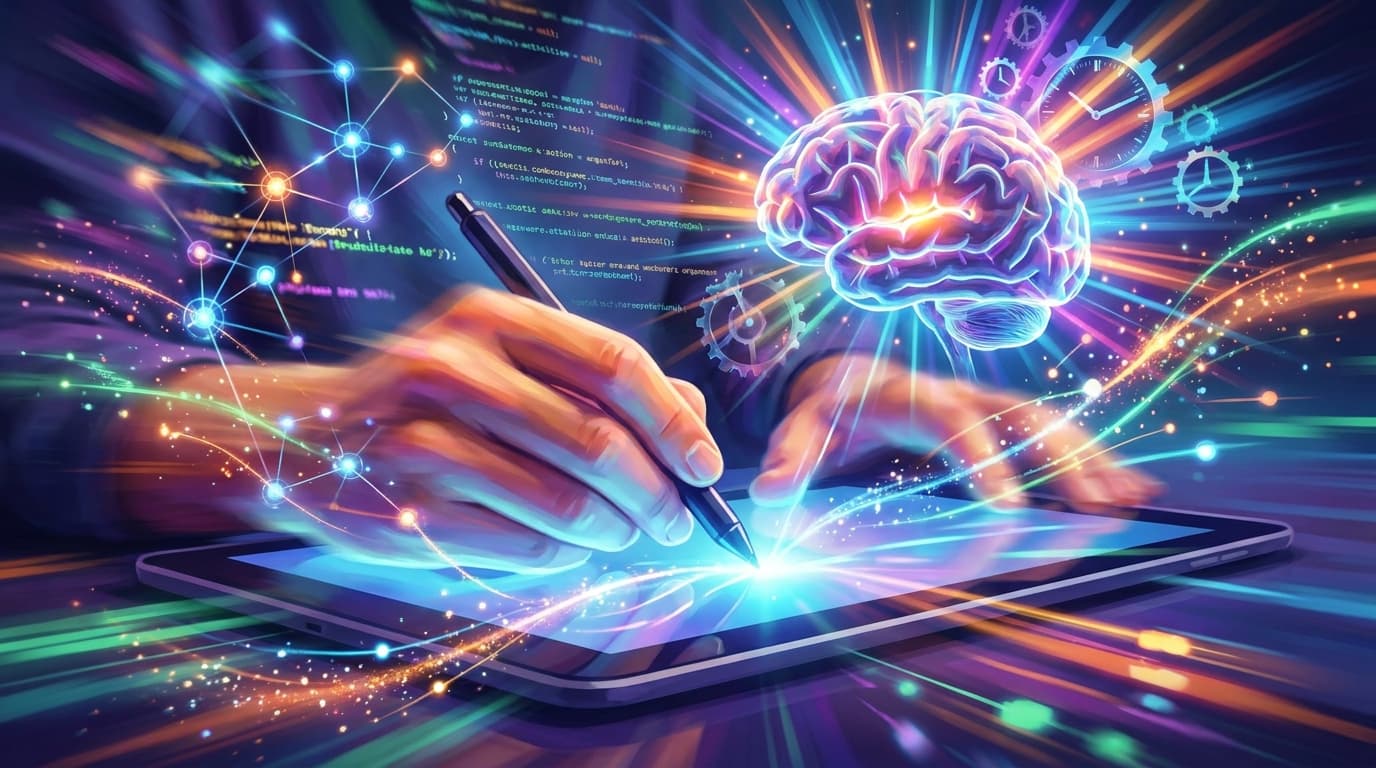 Artist hands drawing quickly on tablet with neural network visualization and brain activity illustration in vibrant colors