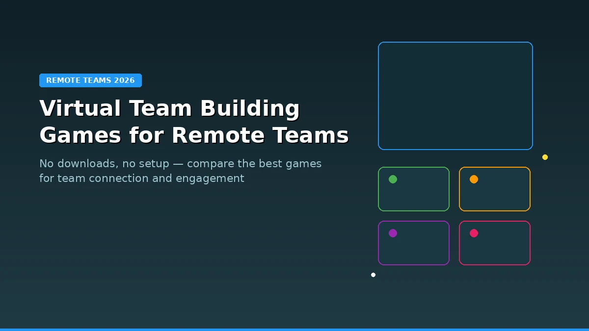 Remote team members playing virtual team building games on their computers with video call in background