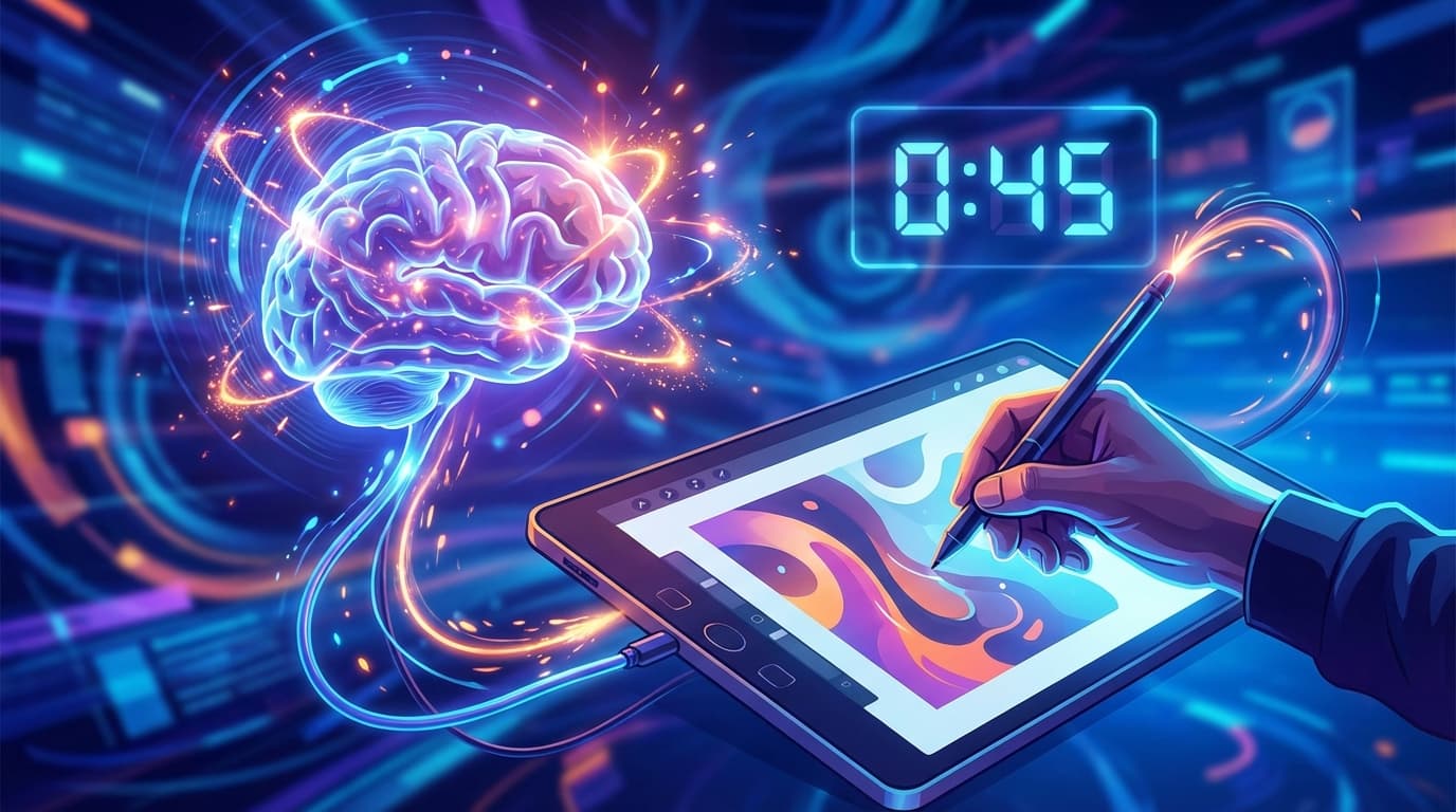 Colorful illustration of a glowing brain connected to a hand drawing on a tablet with countdown timer and neural network patterns