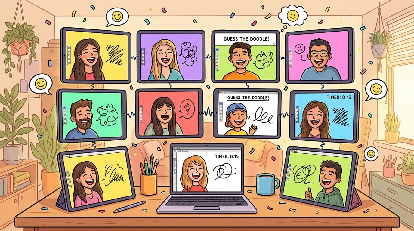 Cheerful cartoon illustration of many friends on video call screens playing a drawing game together in a large virtual gathering