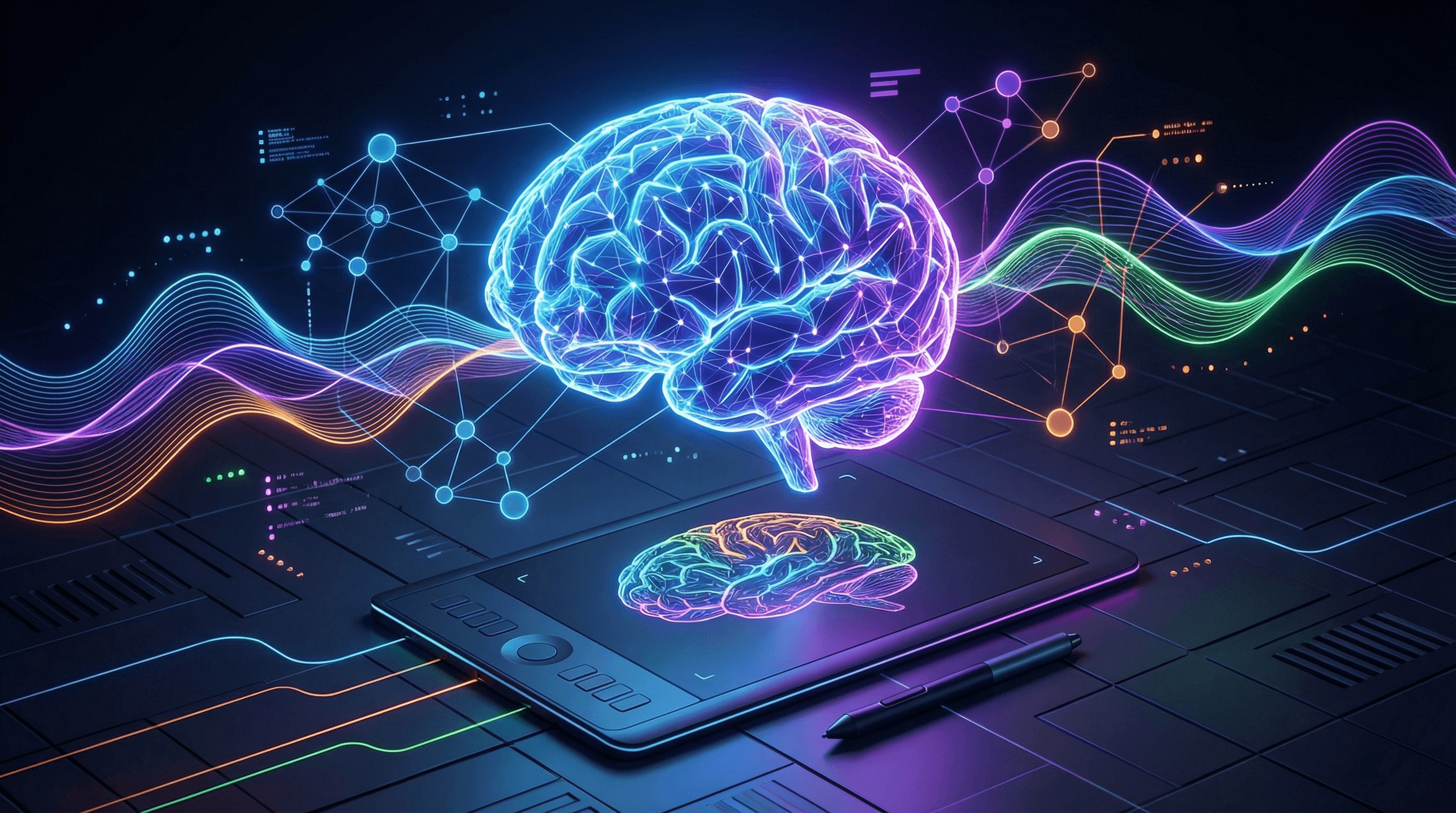 Brain visualization with interconnected neural networks, drawing tablet, AI elements, vibrant colors, modern illustration style