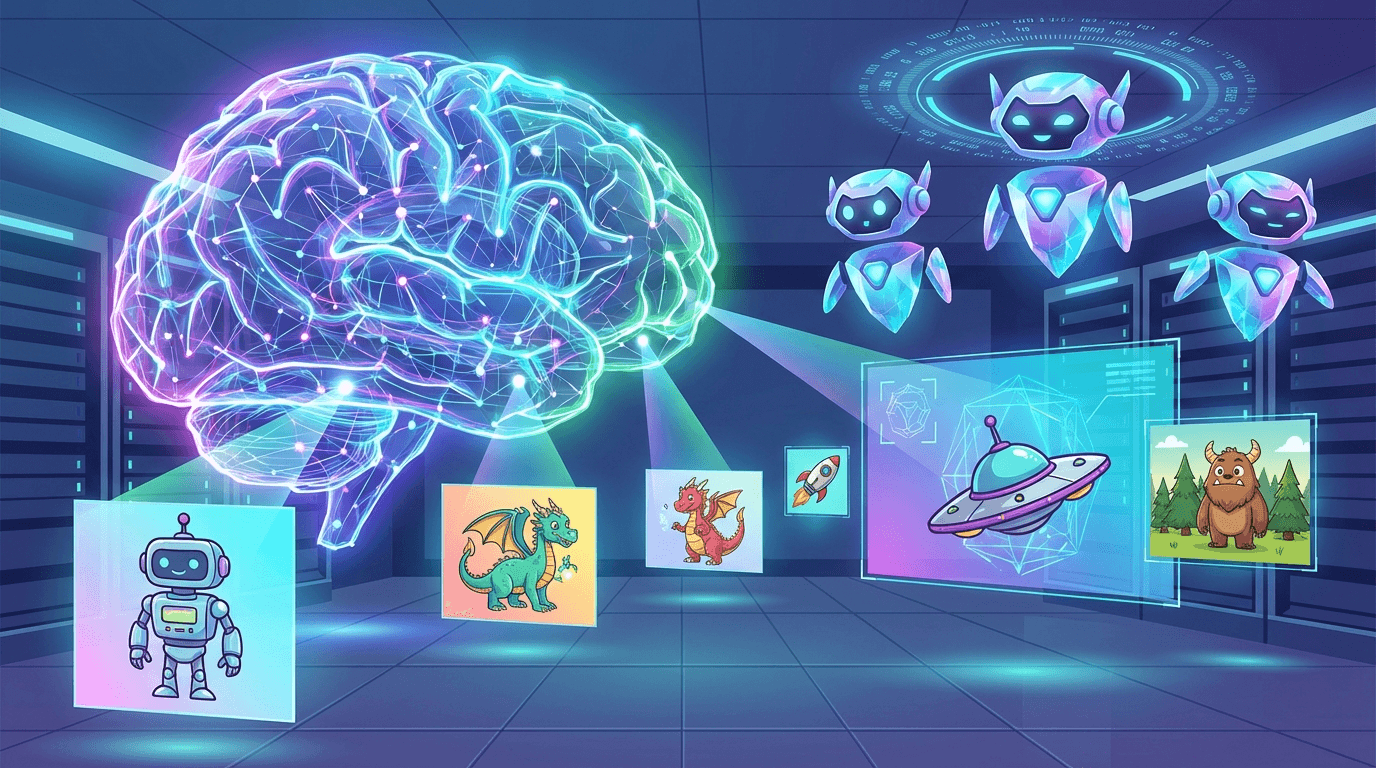 Futuristic AI neural network judging colorful drawings, digital art style, glowing connections and nodes, various drawings being analyzed, modern tech aesthetic, wide 16:9 aspect ratio, no text