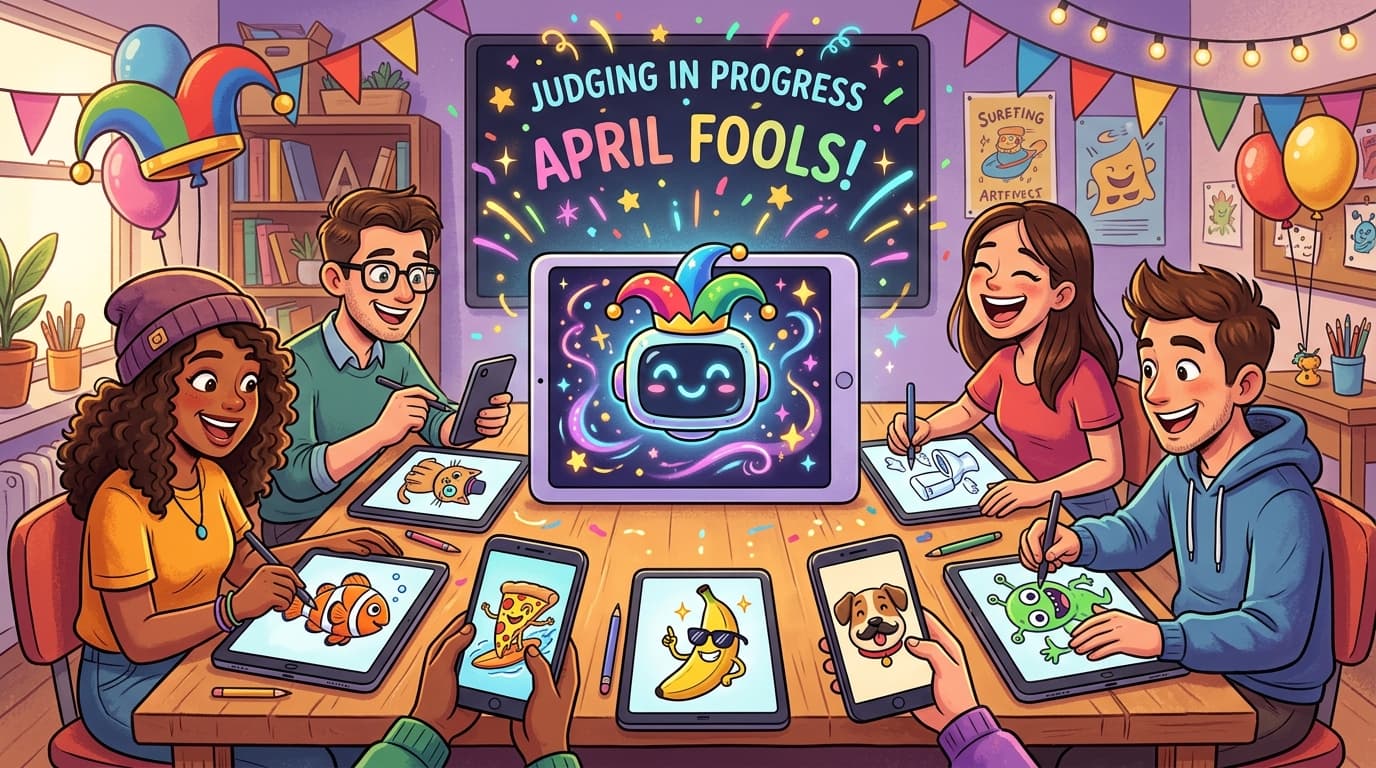 April Fools Day drawing game prank night with players laughing at ridiculous drawings and AI reactions, colorful silly sketches on screens, team celebration with confetti vibes, playful chaos mood, illustration style, no text
