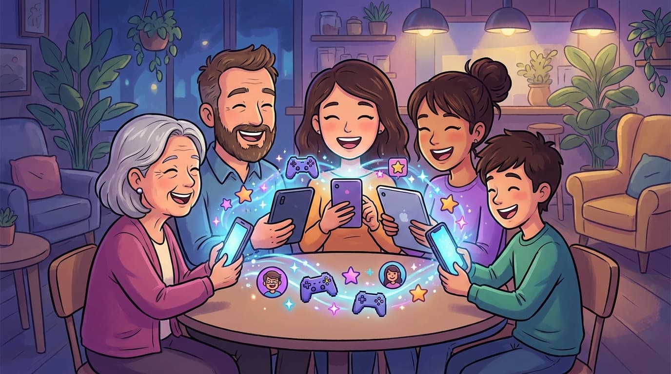 Diverse group of friends laughing together while holding smartphones and tablets playing free games for friend groups