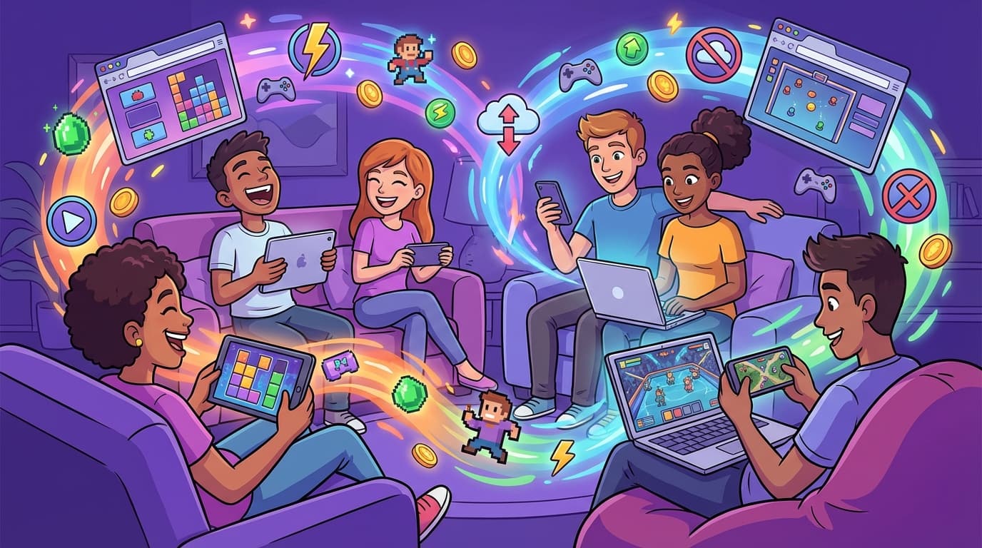 Diverse group of friends playing multiplayer browser games together on various devices with colorful game elements