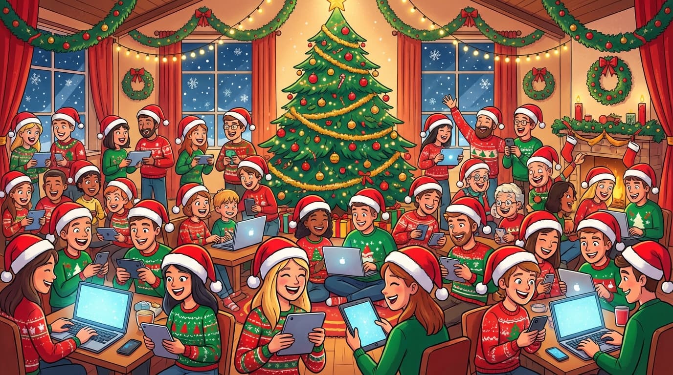 Large group playing Christmas party games large groups on laptops and devices with festive decorations