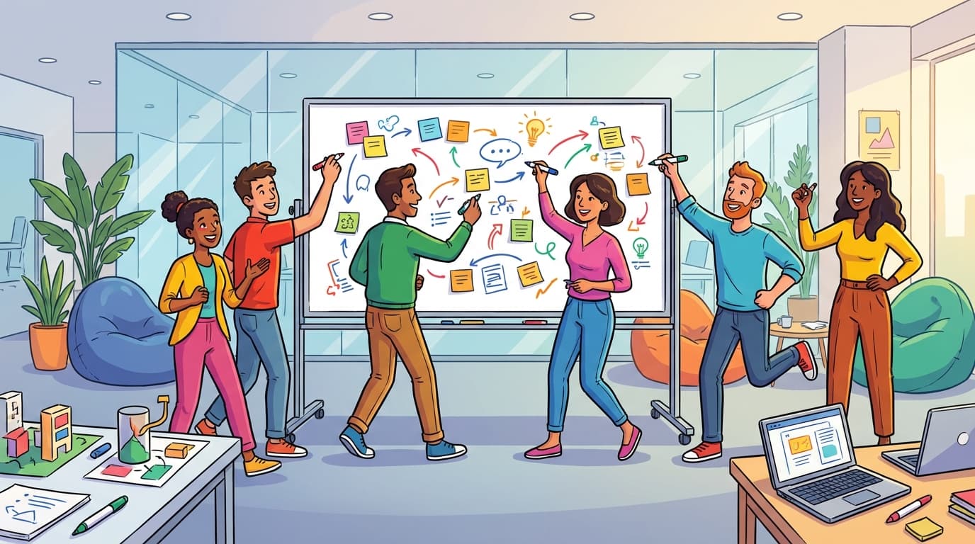 Innovation team collaborating on design sprint drawing games, sketching ideas rapidly together, colorful markers, energetic ideation session