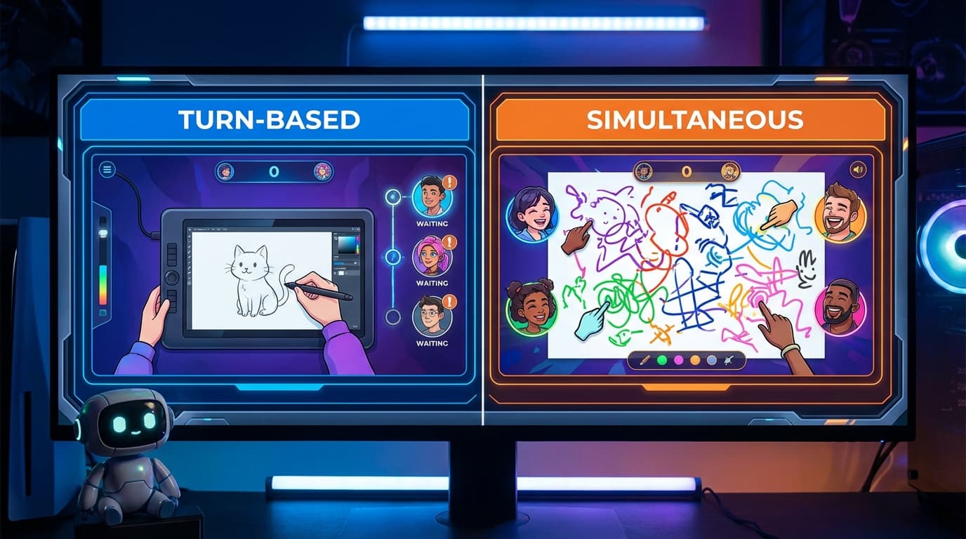 Doodle Duel versus Skribbl.io comparison showing two digital canvases competing with AI judge, colorful cartoon style