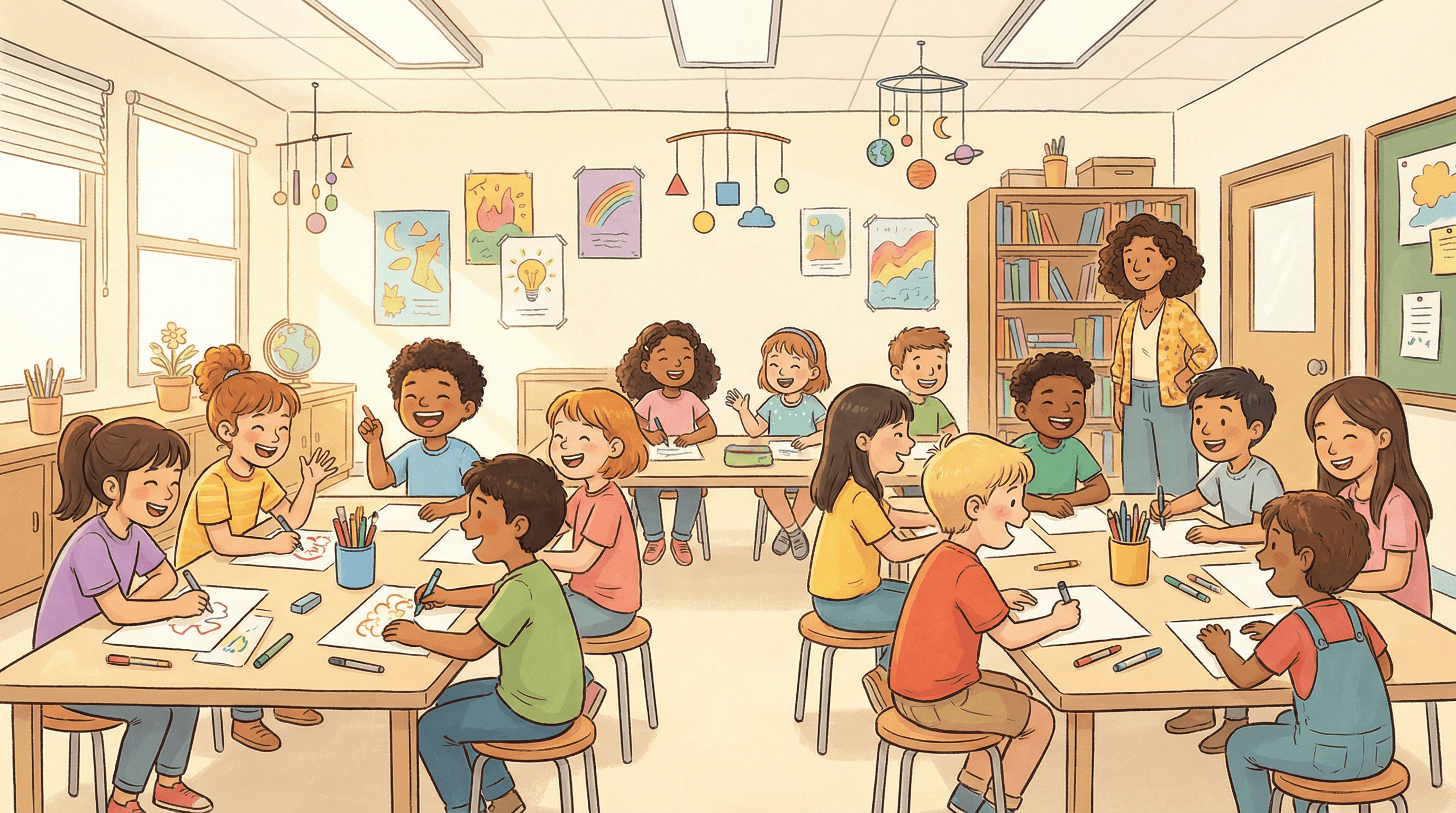 Elementary and middle school students laughing while drawing together as a brain break activity in a colorful classroom