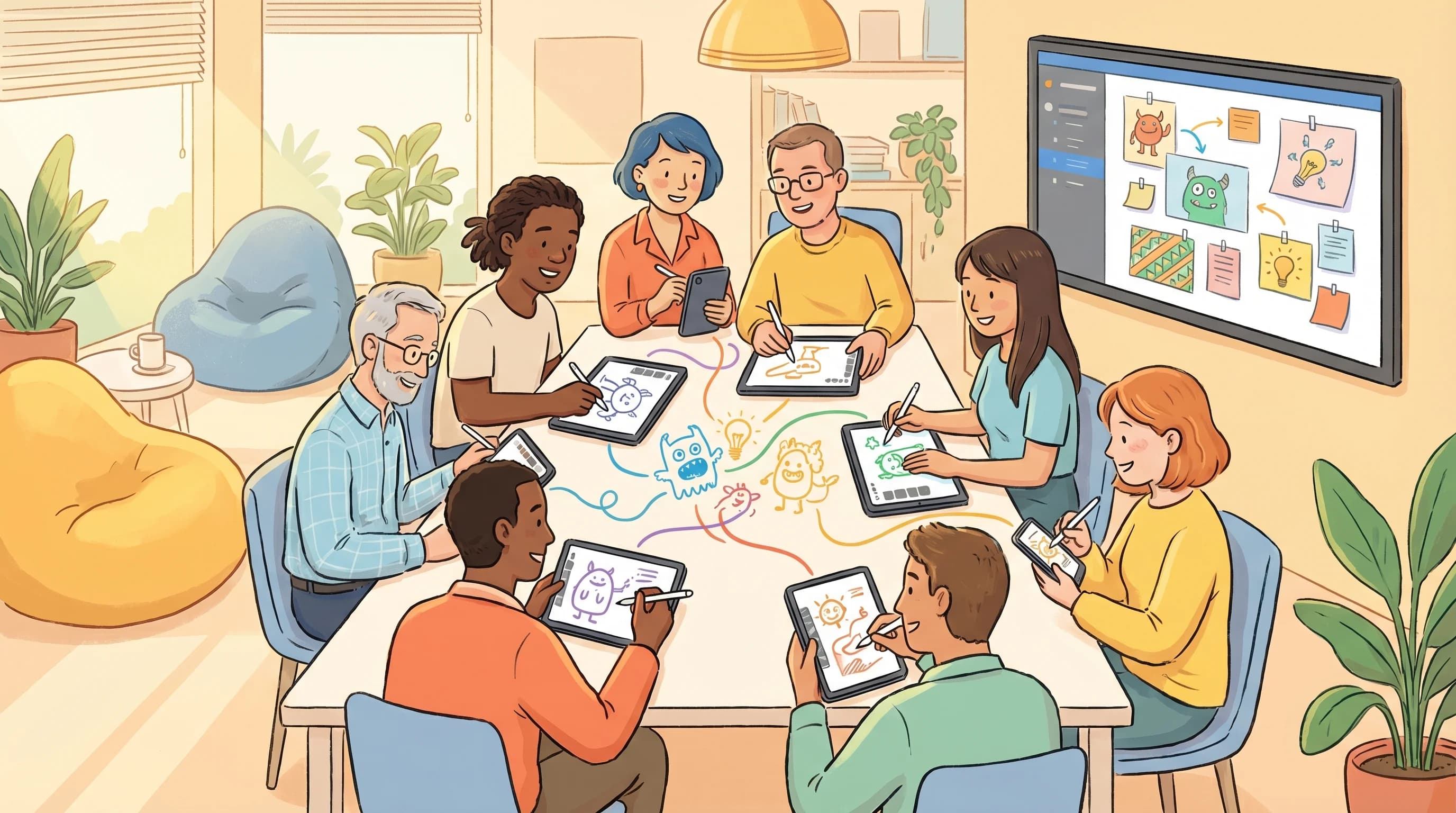 Creative team brainstorming around digital drawing game on tablet, collaborating on visual ideas in real time