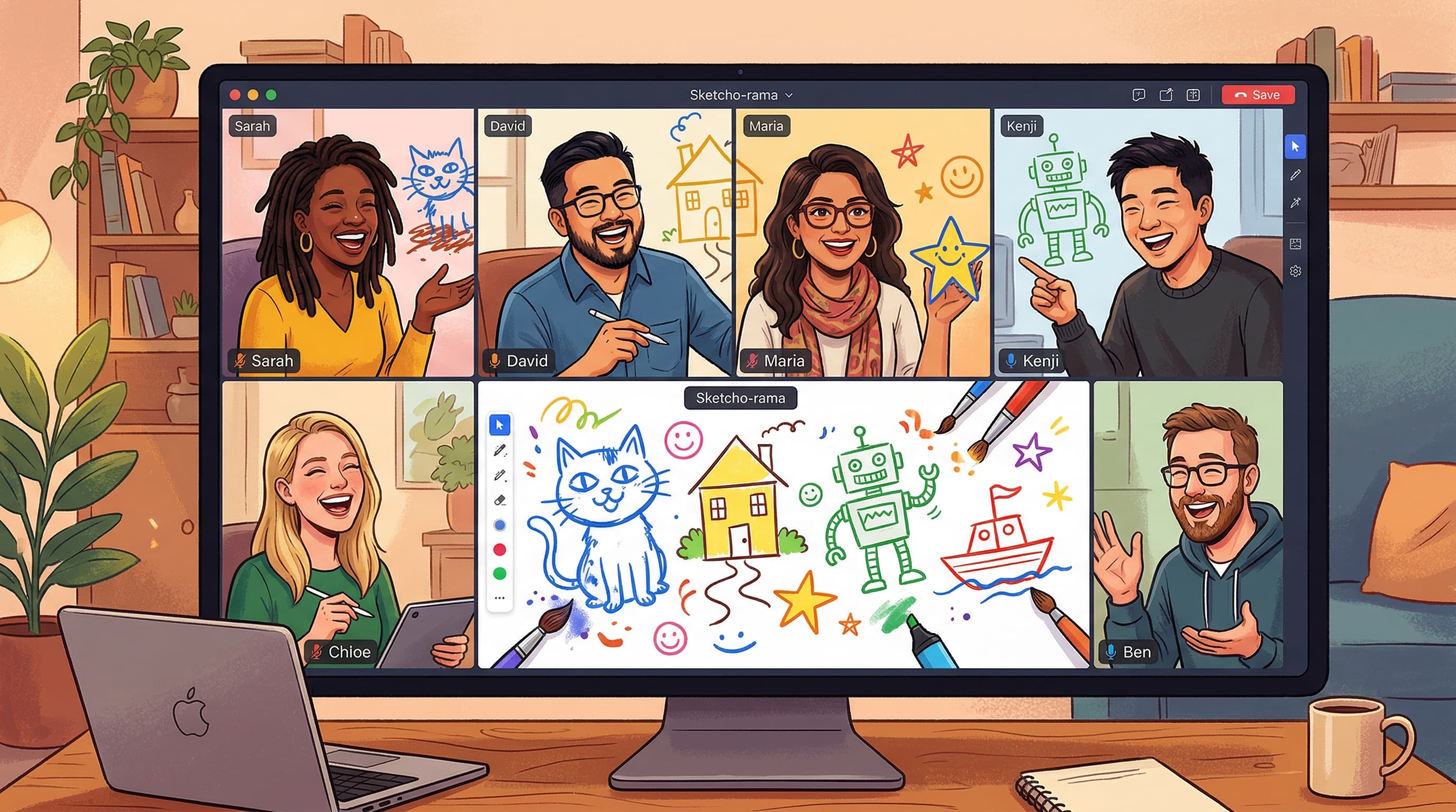 Diverse corporate team of professionals laughing together during drawing game session on video call, colorful digital screens showing creative sketches, warm friendly collaborative mood, modern illustration style, vibrant colors, no text