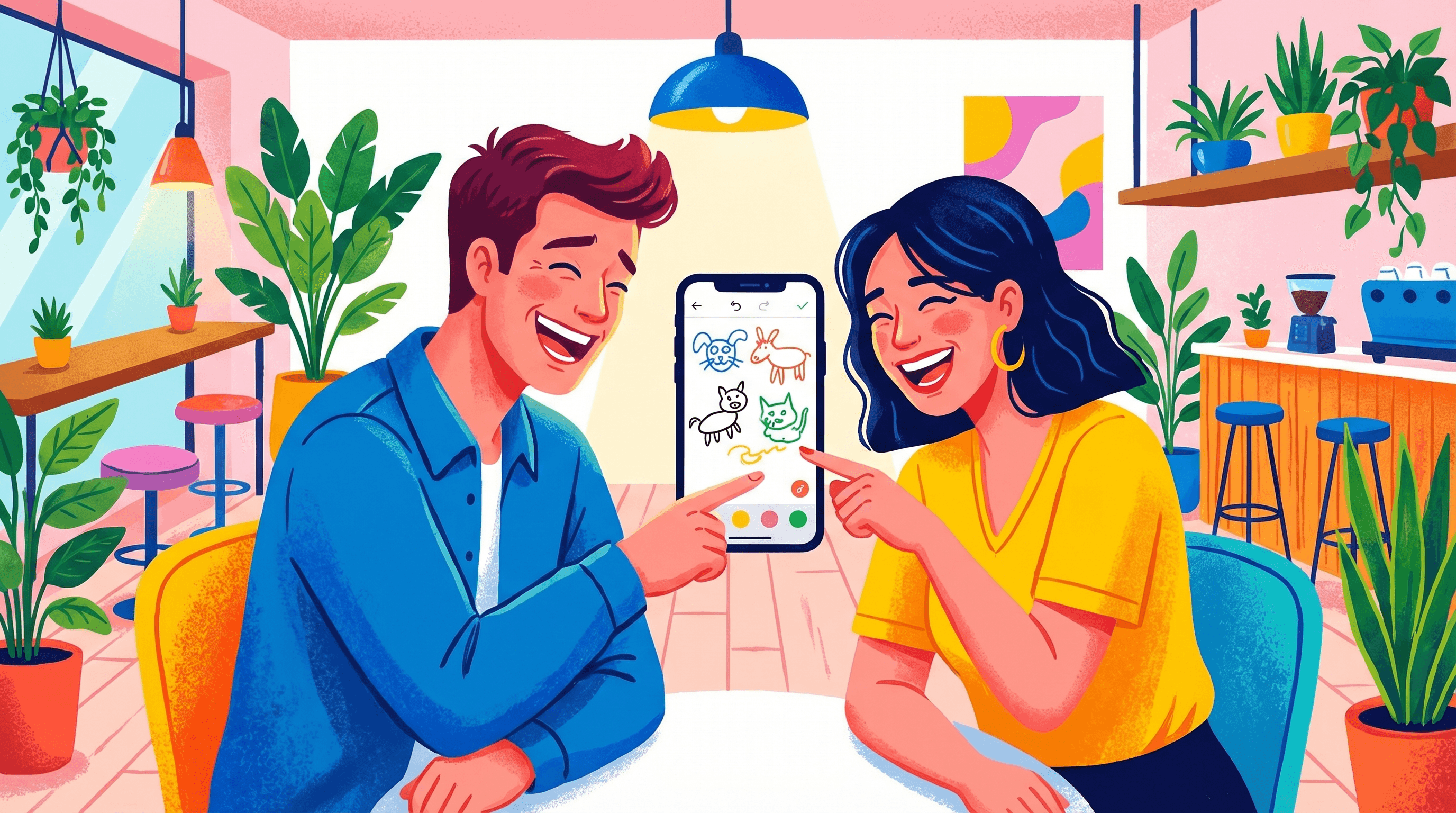 Two people on a first date laughing together over silly drawings, mobile phone showing drawing game interface, colorful fun mood