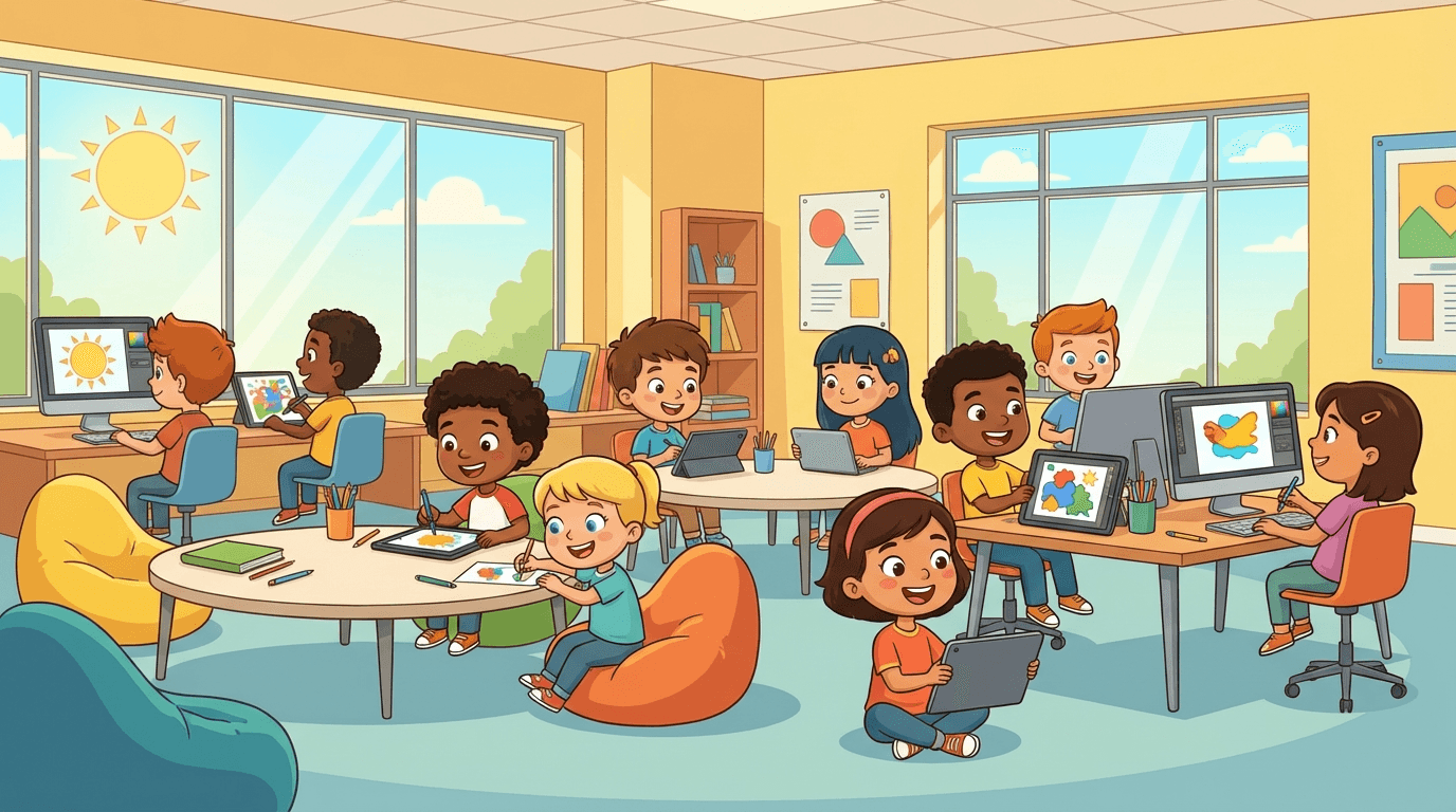 Happy children drawing on tablets and computers, colorful digital art creation, classroom setting with diverse kids, educational technology, fun illustration style, wide 16:9 aspect ratio, no text