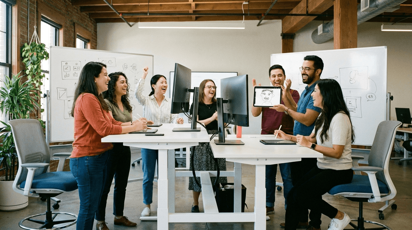 Office coworkers playing drawing games together during work break, modern office setting, team collaboration, fun workplace atmosphere, wide 16:9 aspect ratio, no text