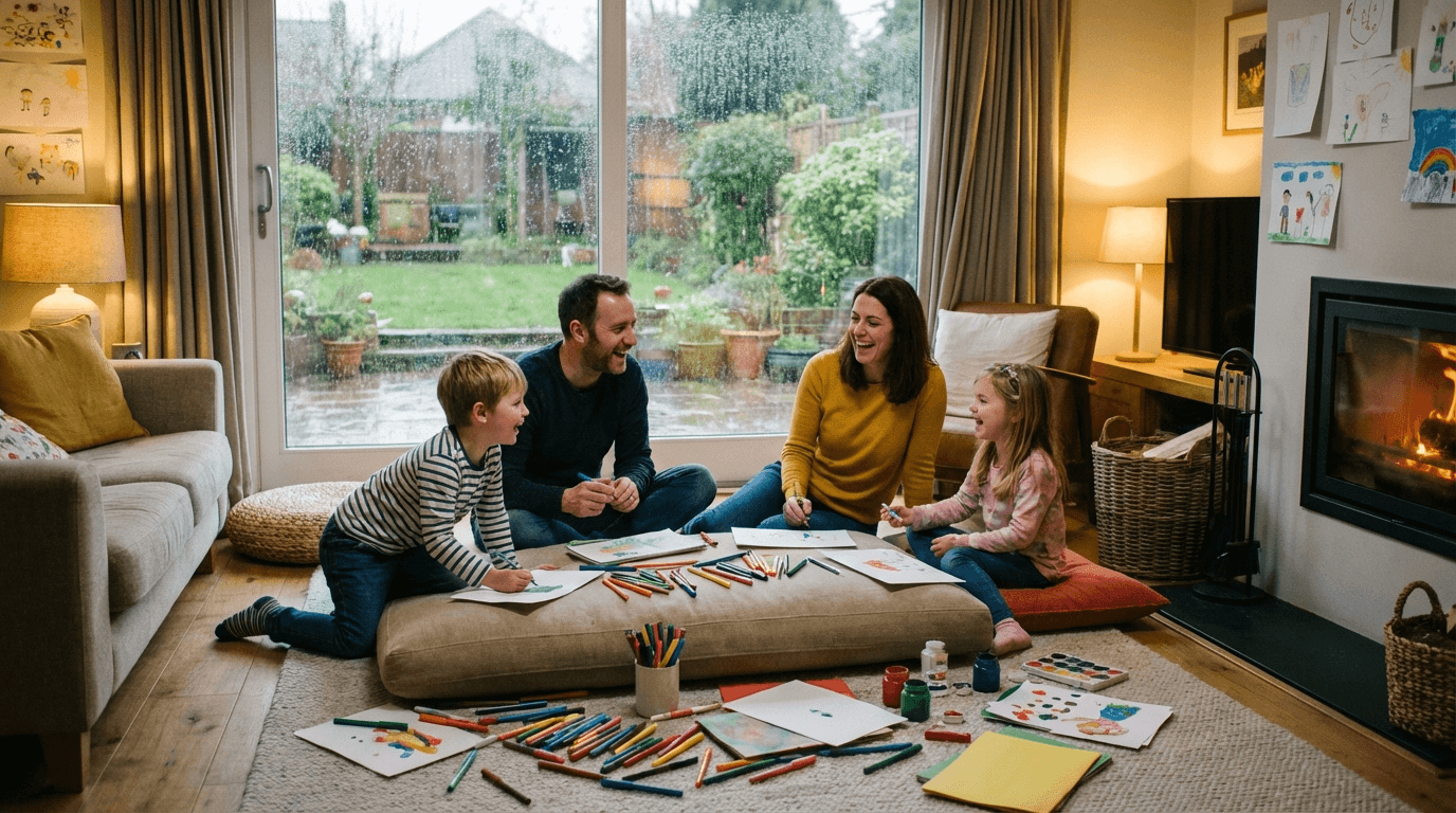 Family enjoying drawing games indoors on a rainy day, cozy living room with rain outside windows, colorful creative activities, warm indoor atmosphere, wide 16:9 aspect ratio, no text