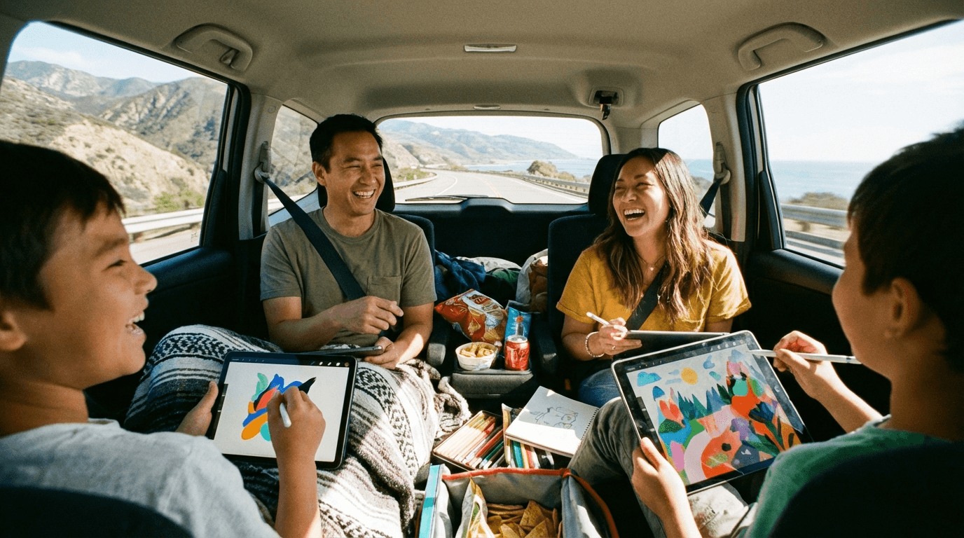 Happy family playing drawing games on tablets during a road trip, car interior with scenic highway view through windows, creative travel fun, wide 16:9 aspect ratio, no text