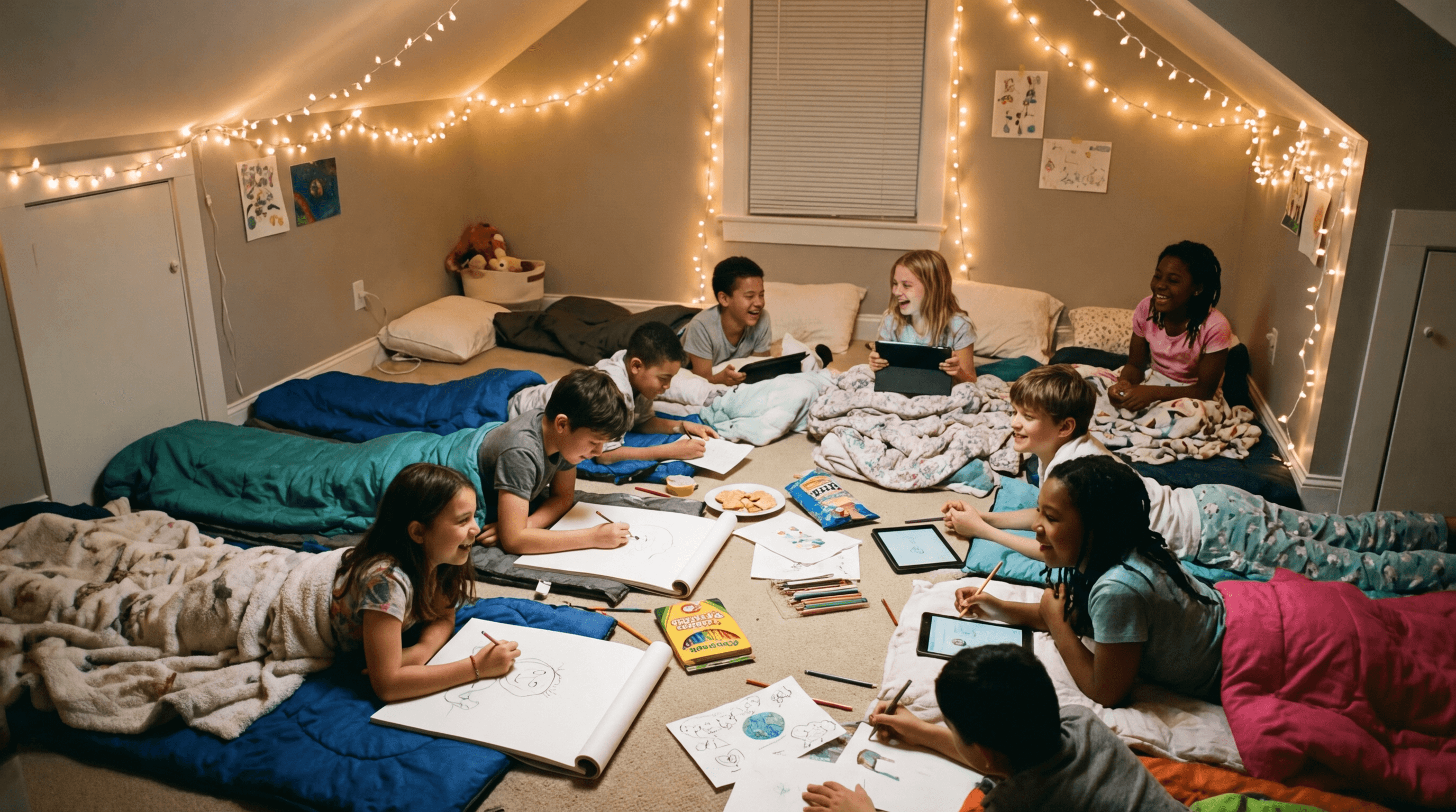 Kids and tweens having a sleepover and playing drawing games together, cozy bedroom with sleeping bags and pillows, creative fun atmosphere, dim lighting, wide 16:9 aspect ratio, no text