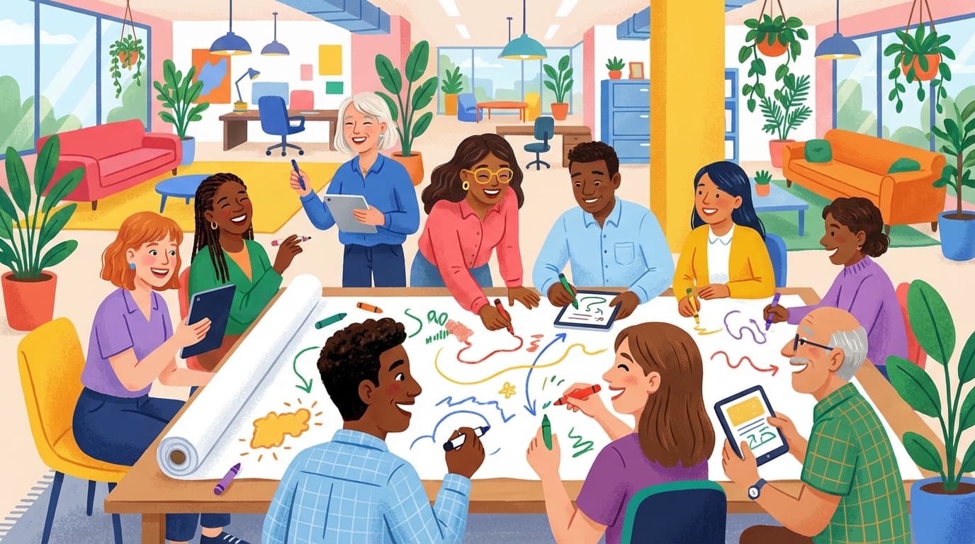 Diverse group of new employees playing drawing games together during corporate onboarding