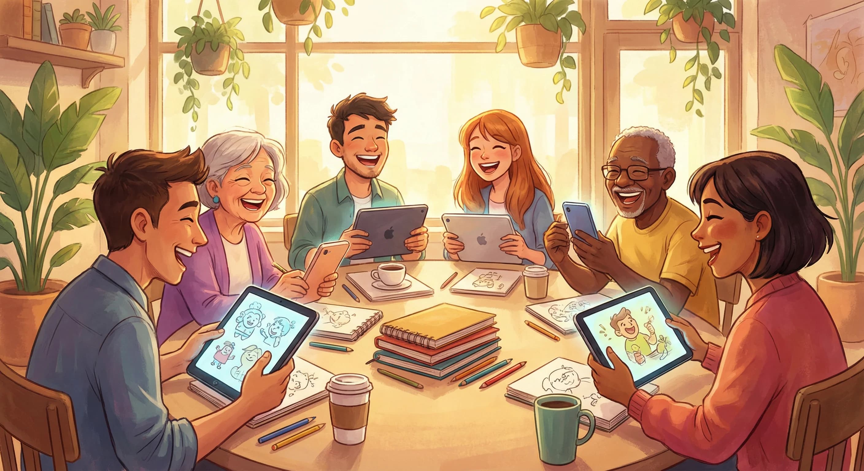 Diverse artists laughing together while playing a fast-paced online drawing game on tablets and phone, vibrant colorful illustration, confidence building