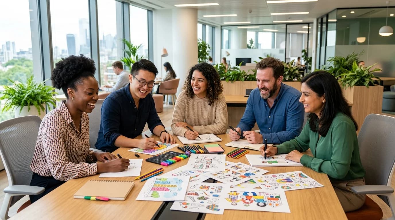 Diverse professionals smiling during a stress-relief drawing game break at their office desks