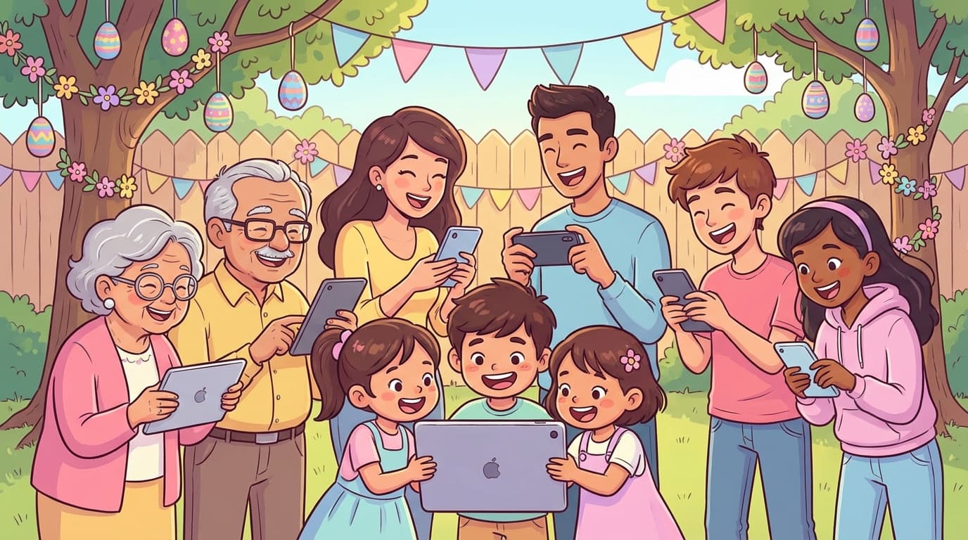 Family members of all ages playing Easter games together on phones and tablets with colorful Easter decorations