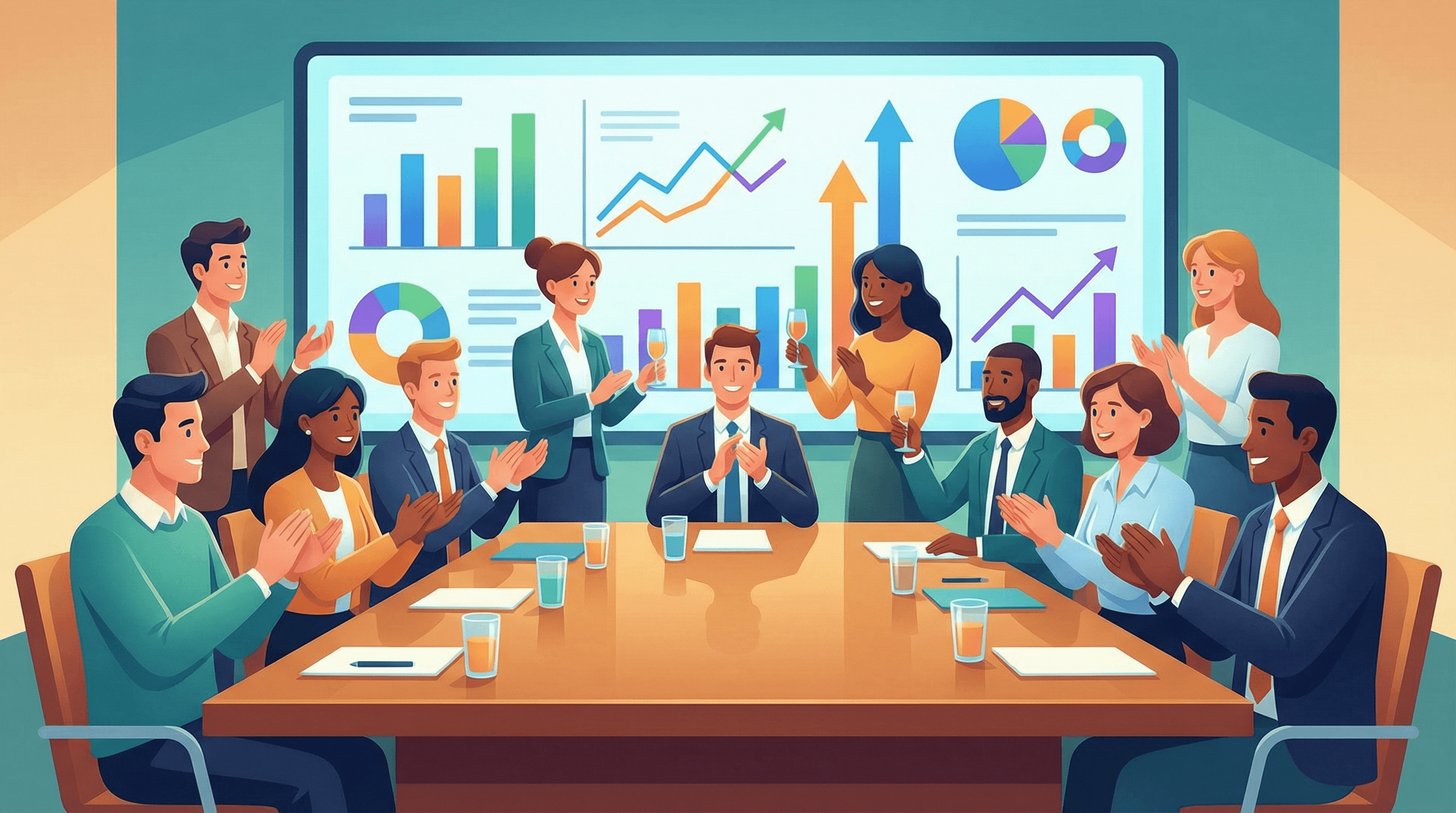 Data analyst reviewing employee engagement metrics and ROI charts, colorful analytics dashboard with growth metrics